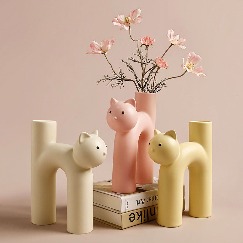 Cute Cat Tube Vase – Whimsical Ceramic Decor