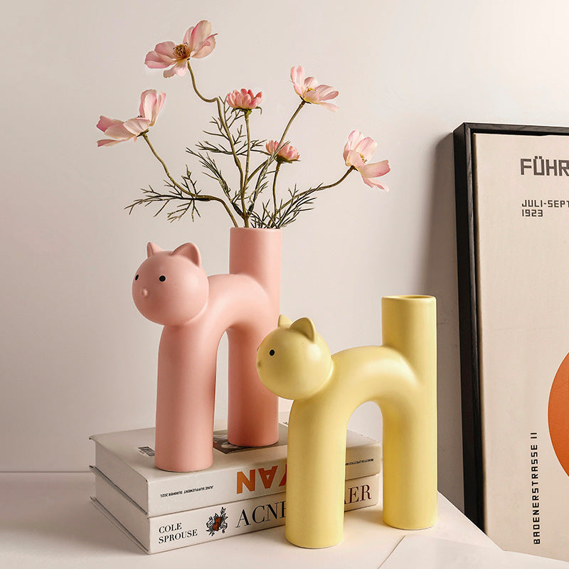 Cute Cat Tube Vase – Whimsical Ceramic Decor