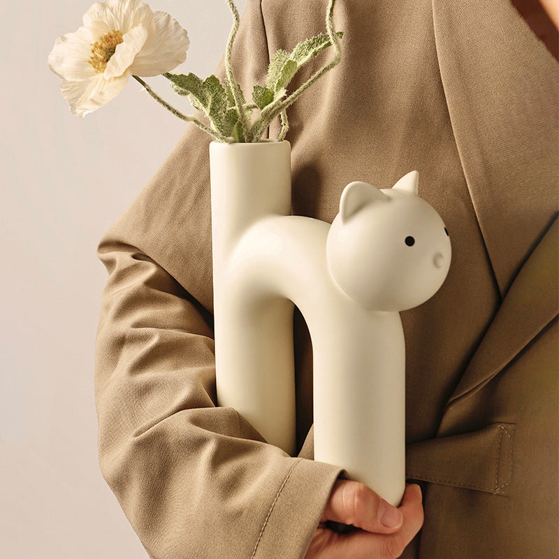 Cute Cat Tube Vase – Whimsical Ceramic Decor
