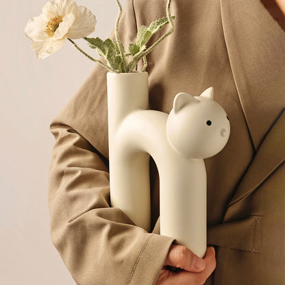 Cute Cat Tube Vase – Whimsical Ceramic Decor